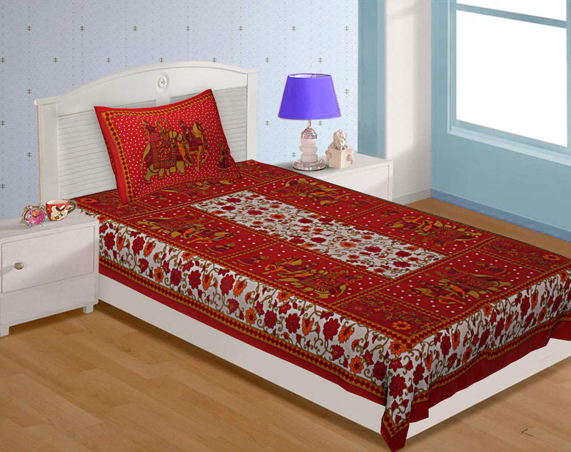 UNIBLISS 100% Cotton Rajasthani Jaipuri Traditional Single Bed Sheet with One Pillow Cover (Single, Red, Floral, 150 cm x 200 cm)