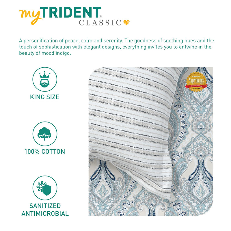 Trident Bedsheet Set, Classic Mood Indigo 100% Cotton King Size Bedsheet for Double Bed, Superior Softness, 200 Thread Count, 1 Bedsheet & 2 Pillow Covers - Serena