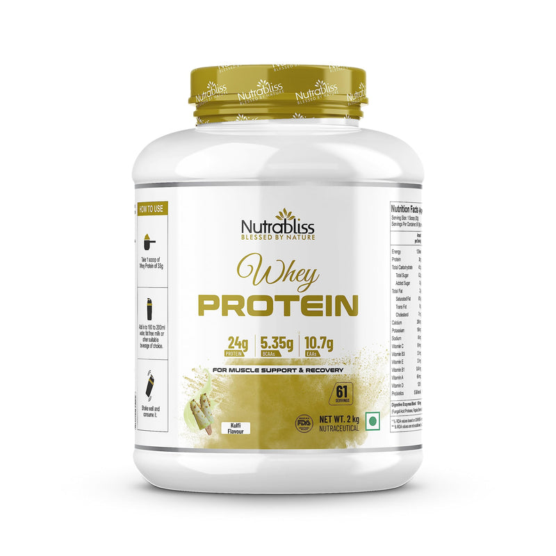 Nutrabliss Premium Pure Whey Protein Concentrated blended with digestive enzymes and probiotics | 100% tested and guaranteed Whey Protein - 24 Gram Protein per serving (Kulfi, 2 Kg)