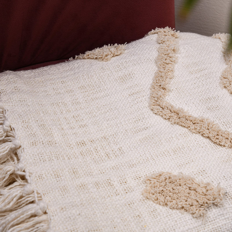 IQ INTERIOR QUOTIENT Sage White Throw Blanket for Sofa, Bed and Couch | Hand-Knitted | Sofa Throw 100% Cotton with Tassels | 150cm x 125cm | 60" x 50" | Pack of 1