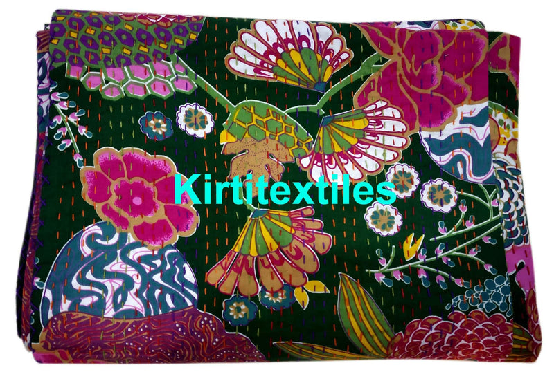 Kirti Textile and Handicraft Cotton Handmade Floral Kantha Quilt Bedspread Bed Cover Queen Size Blanket Throw (Multicolour)