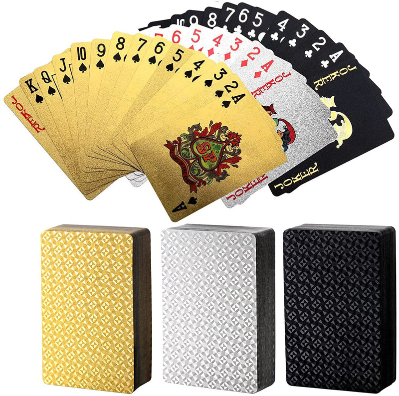 India Toy Gold Deck of Waterproof Cards, Flexible PVC Plastic Gold Playing Cards Premium Poker Cards Gold Waterproof Playing Cards Washable Flexible Use for Party Game (3 in 1, Gold- Black and Silver)