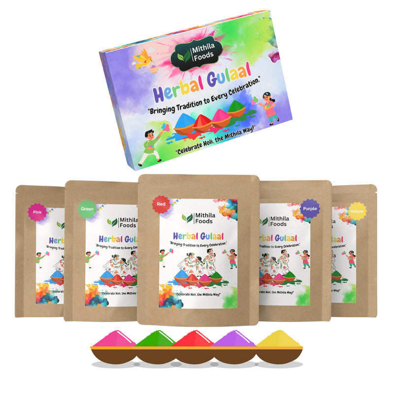 MITHILA FOODS 500g Premium Herbal Gulal Holi Colours | Natural & Organic Holi Color, Pack of 5 (100g x 5) | Skin-Friendly, Safe, Non-Toxic, Easy to Wash, Holi Colour | (Red Yellow Green Purple Pink)