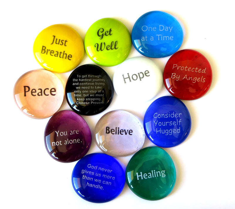 Comfort Stones,12 Encouraging and Comforting Sayings On Glass Stones For Anyone Facing a Challenge Or Illness. By Lifeforce Glass.