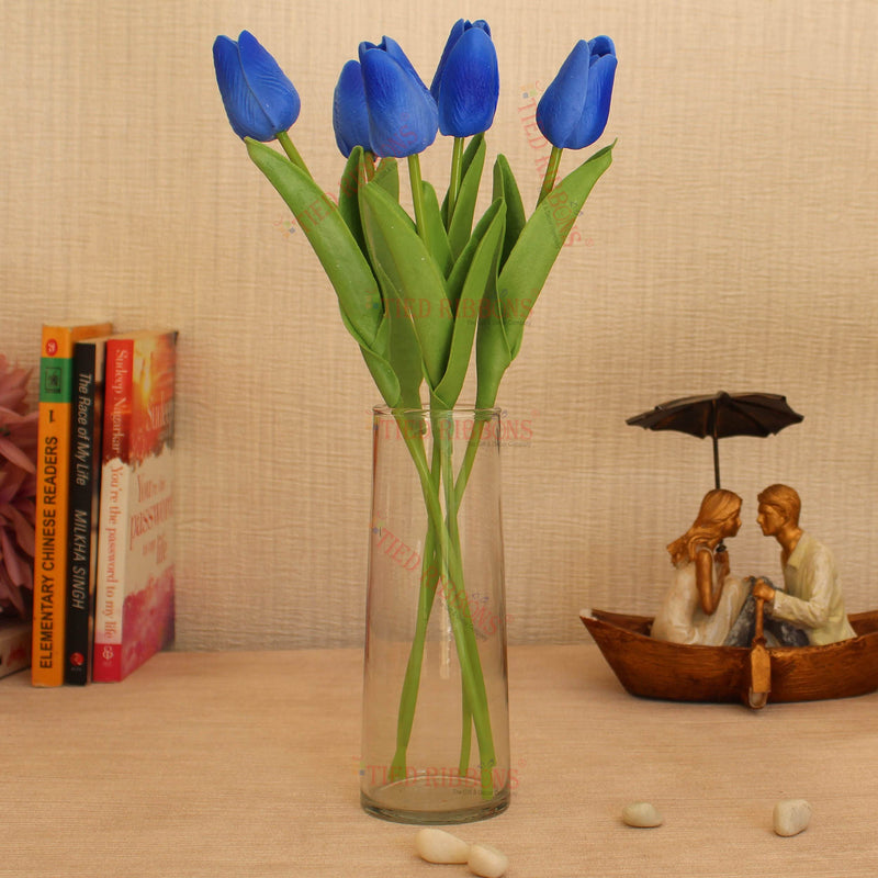 TIED RIBBONS Decorative Artificial Tulip Flowers Bunch with Glass Vase (5 Heads, 34 Cm, Blue) for Home Decoration Living Room Side Table Centerpiece Wedding Party Events