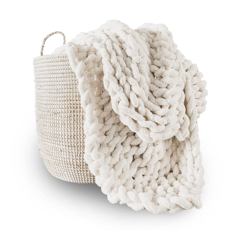 Adyrescia Chunky Knit Blanket Throw | 100% Hand Knit with Jumbo Chenille Yarn (30"x40", Cream White)