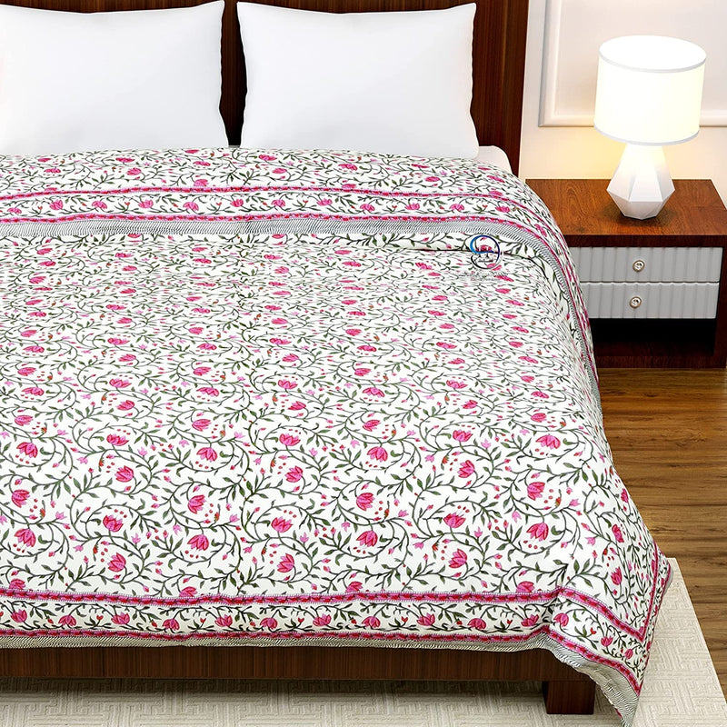 WORLDNEX 400 TC Pure Cotton Double Bed Soft Jaipuri AC Quilt/Razai/Rajai Floral Print,Jaipuri razai Double Bed for Winter Printed,(Pink & Green, 85 x 100 inch, Double Bed)