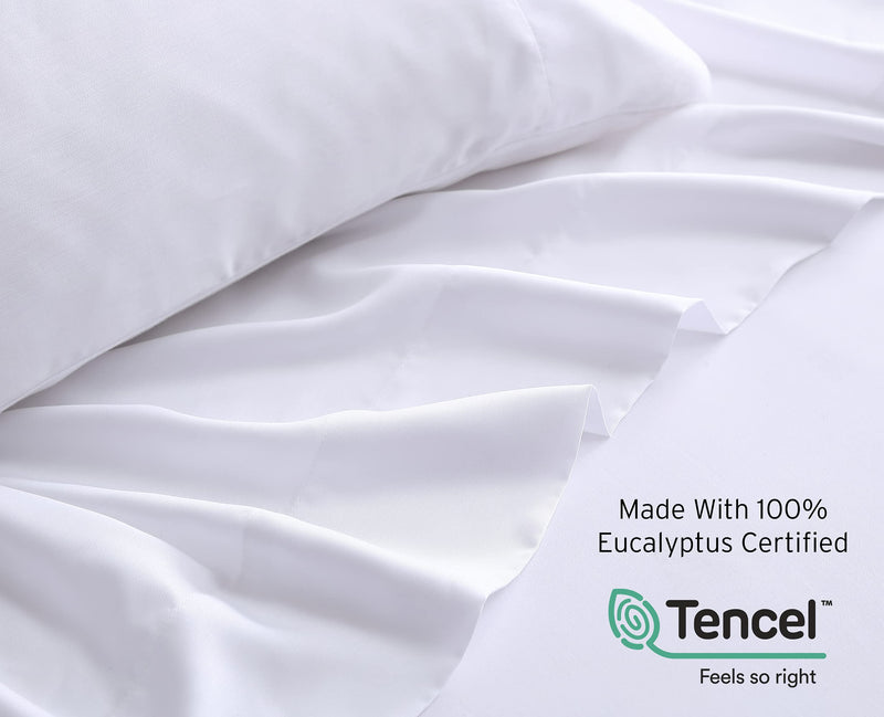 Ethos Natura 100% Eucalyptus Certified Tencel Lyocell Sateen Sheet Set, 400 Thread Count, Silky Smooth Cooling Sheets for All-Season, Sustainably Made, Moisture-Wicking, Hypoallergenic - Queen, White