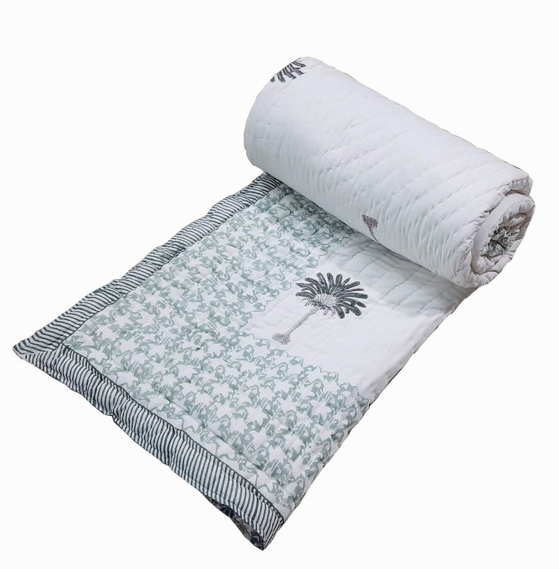 Handicraftworld Super Soft Pure Cotton Traditional Sanganeri Print Double Bed Jaipuri Razai Quilt (90 x 103 Inch/King Size, Off White) with Bag