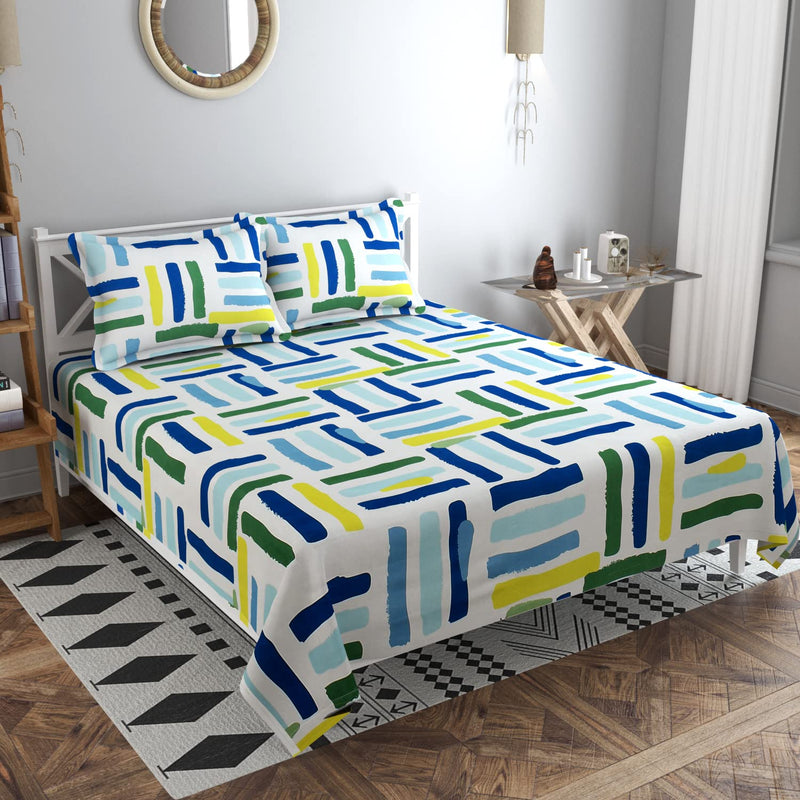 BSB HOME Prime Collections 100% Cotton Feel Double/Queen Size Bedsheets with 2 Pillow Covers Cotton, 180tc Abstract Light Green and Blue Bedsheets for Double Bed Cotton (7ft X 7.5ft)