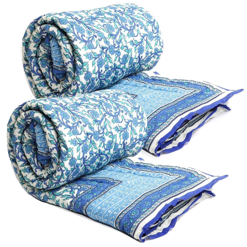 SVT Traditional Famous Jaipuri Beautiful Floral Print in White Blue Jaipuri Rajai/Razai/Quilt Single/Single Bed Quilt/Comforter/AC Quilt/AC Comforter(Set of 2)