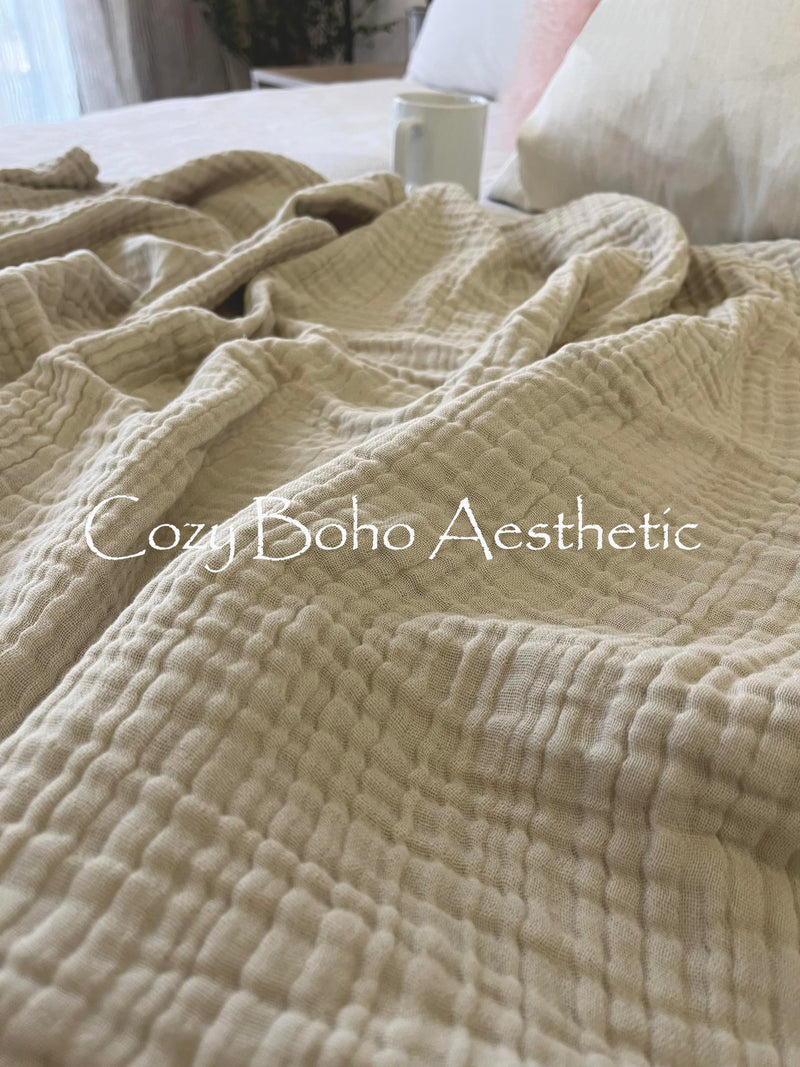 100% Pre-Washed Organic Muslin Cotton Throw Blanket for Adults, Kids, Couch. Super Soft Breathablet, Warm, Cozy, Lightweight Bed Blanket, Everyday Use, All Season (55"x60" inches) (Khakis)