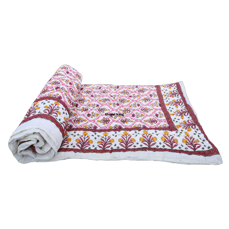 THROW KING Jaipuri Quilt for Single Bed 100% Pure Cotton | Skin Friendly & Breathable | 58 x 90 inch |