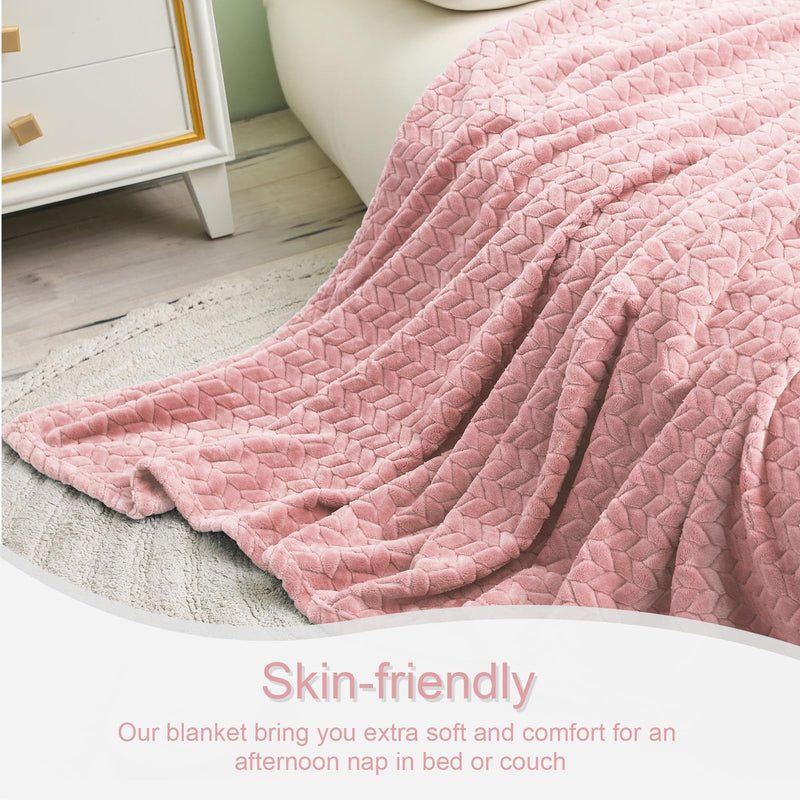 Exclusivo Mezcla Large Flannel Fleece Throw Blanket, Soft Jacquard Weave Leaves Pattern Blanket (50" x 70", Dusty Pink) - Cozy, Warm, Lightweight and Decorative