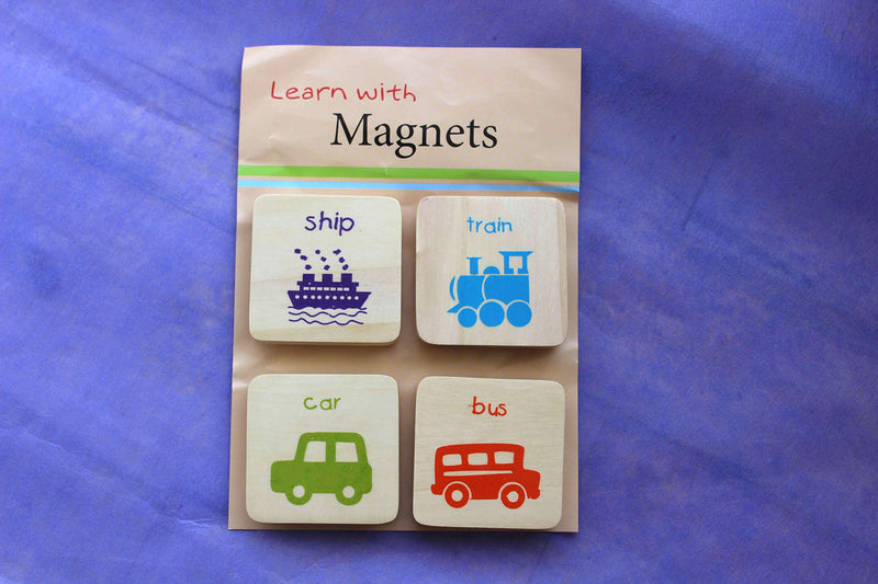 IVEI Wooden Educational Magnets for Kids – Bright Coloured Vehicle Magnet - Square Shape Magnets with Bus, Car, Ship, Train Design - Fridge Magnet - Innovative Magnets -Budget Gifts (Set of 4)