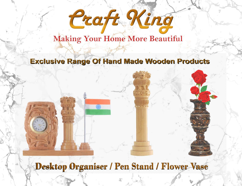 Craft King Wooden Ashok Stambh with Table Clock & Flag Stand (Brown)