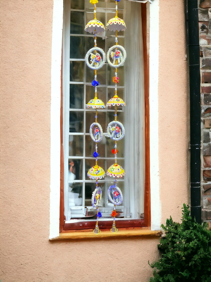 Decorative Elephant and Umbrella Wind Chimes, White, Wall Hanging Home Decor