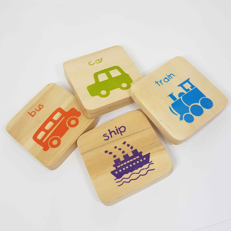 IVEI Wooden Educational Magnets for Kids – Bright Coloured Vehicle Magnet - Square Shape Magnets with Bus, Car, Ship, Train Design - Fridge Magnet - Innovative Magnets -Budget Gifts (Set of 4)