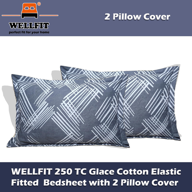 Wellfit Cotton Feel 250 TC Glace Cotton Elastic Fitted Printed Single Size Bed Bedsheet with 2 Pillow Cover (48"x72") INCH