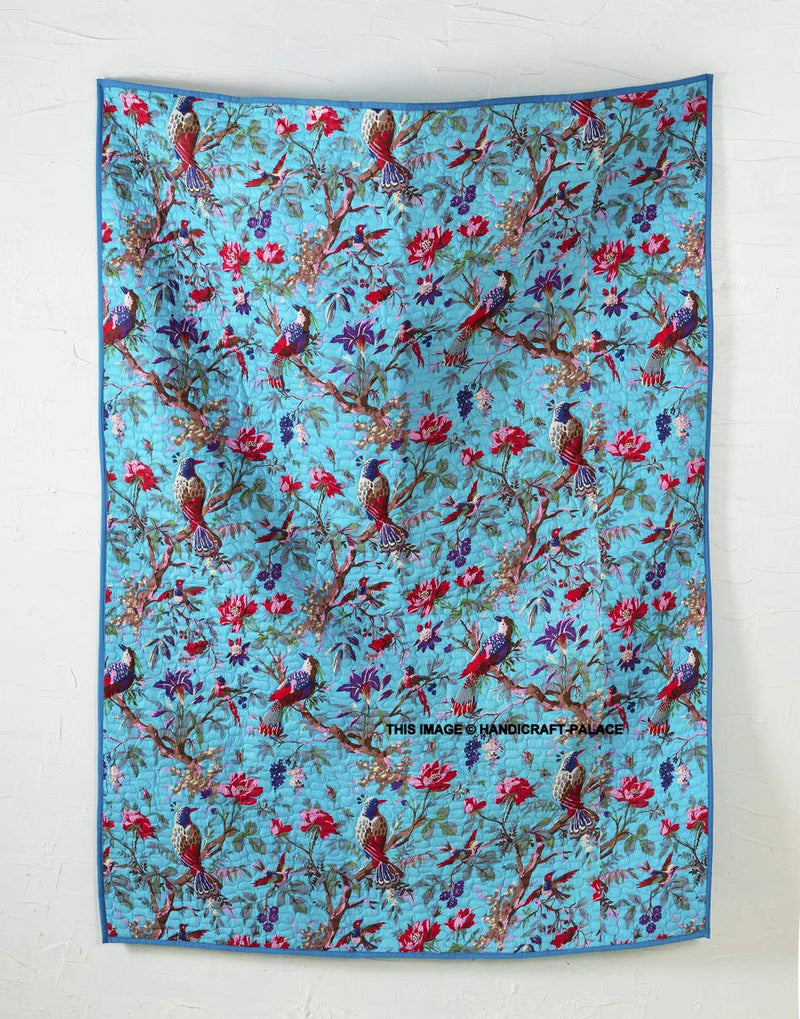 Ravaiyaa - Attitude is everything Machine Quilted Soft Cotton Sofa Throw Handmade Bird Printed Blanket Bedroom Decor Throw 50"x70" (Turquoise)