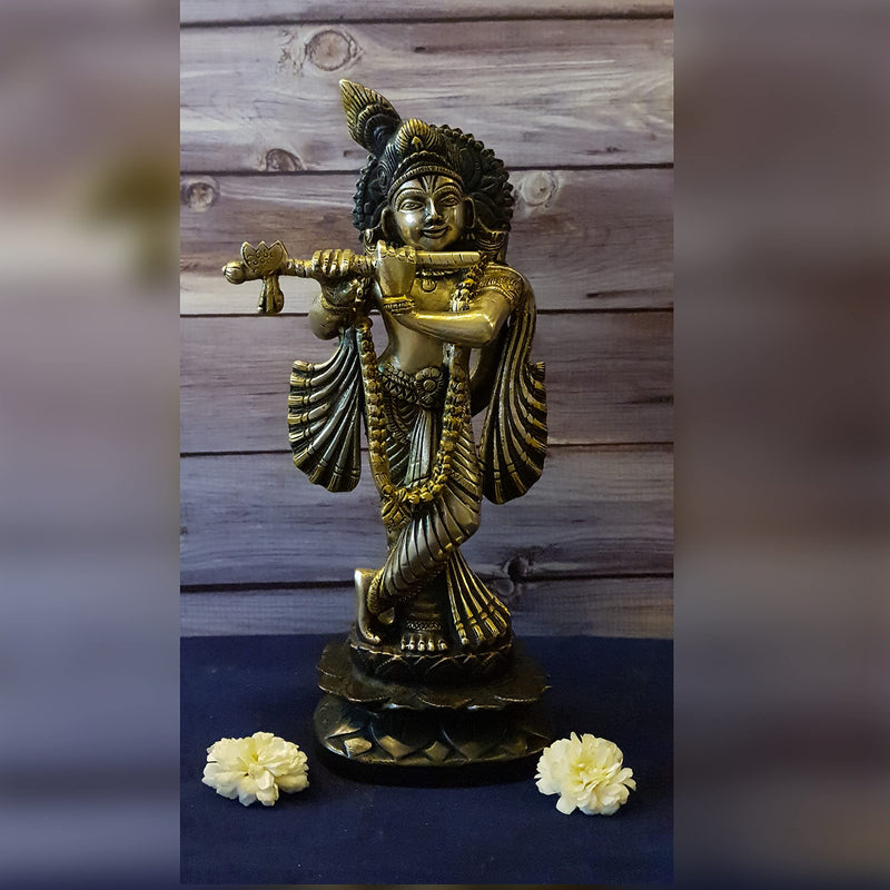 Divya Mantra Krishna Playing Flute Brass Statue Janmashtami Murti Kanha Bansuri Idol Bhagwan Sri Thakur ji Home Decor Mandir God Brass Decorative Showpiece Lord Pooja Beautiful Statues - Brown