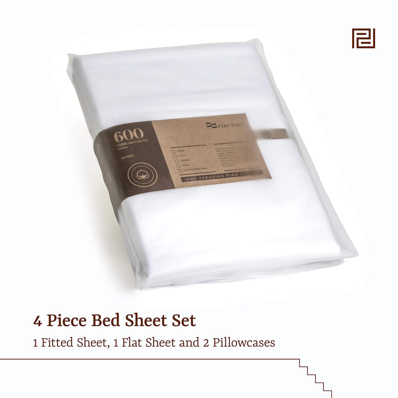 Peru Pima - 600 Thread Count - 100% Peruvian Pima Cotton - Sateen - Bed Sheet Set - Full, White by Peru Pima