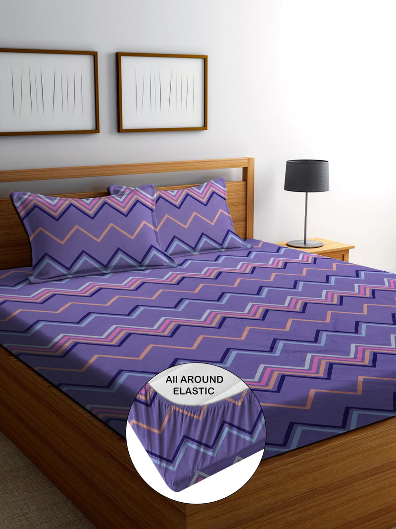 CRAFTS HUB Cotton Feel Glace Cotton All Around Elastic Fitted Printed King Size Double Bed Bedsheet with 2 Pillow Covers(72x78x8 Inch) Fits Upto Mattress of 8 Inches | Purple (1429FITTED)