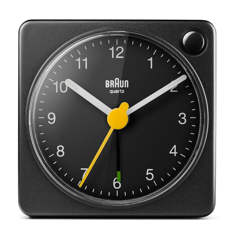 Braun Classic Travel Analogue Clock with Snooze and Light, Compact Size, Quiet Quartz Movement, Crescendo Beep Alarm in Black, Model BC02XB, One