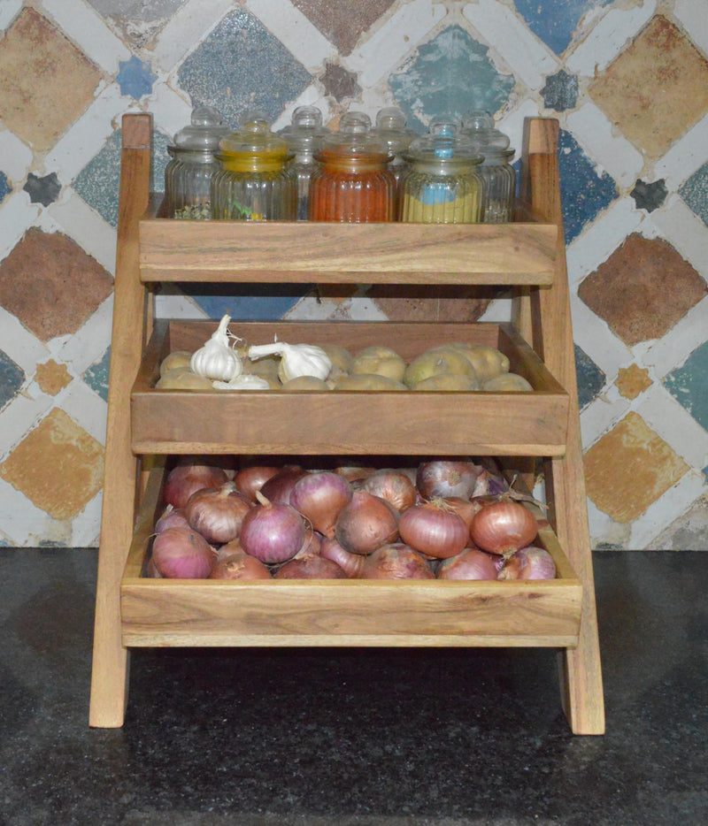 Orchid Homez Solid Wood Veg & Fruit Stand - Multipurpose Kitchen Organizer with Onion Baskets. Sturdy Rack for Kitchen, Perfect Basket for Storage. Durable 3-Layer Storage Unit.