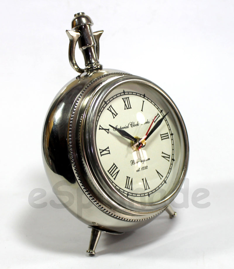 ESPLANADE European Style Vintage Clock Table Desk Shelf Clock - Metal - Chrome Finish - 7" Inches