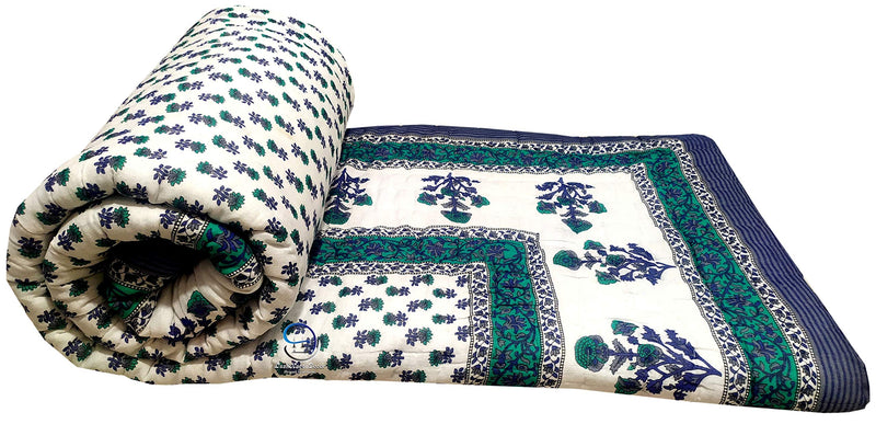 LushHavenDecor Rajasthani Traditional Cotton and Microfiber Jaipuri razai ac Blanket booti Print with Boarded Design Single Bed Reversible (Both Sided) Jaipuri Quilt 55 x 85 inch - Blue