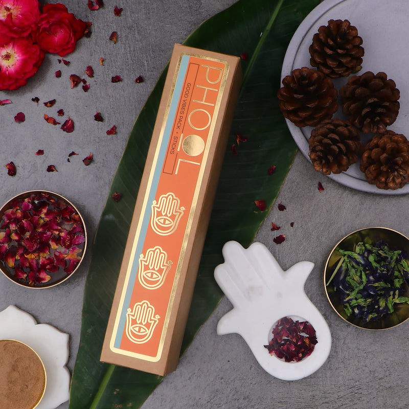 PHOOL LUXURY INCENSE Good Vibes Pack Of 2 Natural Agarbatti For Pooja - Indian Rose & White Cedar | Free Wooden Stand Sulpher & Charcoal Free | 100% Organic Incense Sticks
