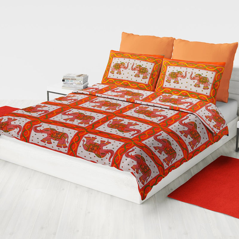 Ubania Collections 100% Cotton Rajasthani Jaipuri sanganeri Traditional King Size Double Bed Sheet with 2 Pillow Covers (Multicolour, 90 x 100 inch)