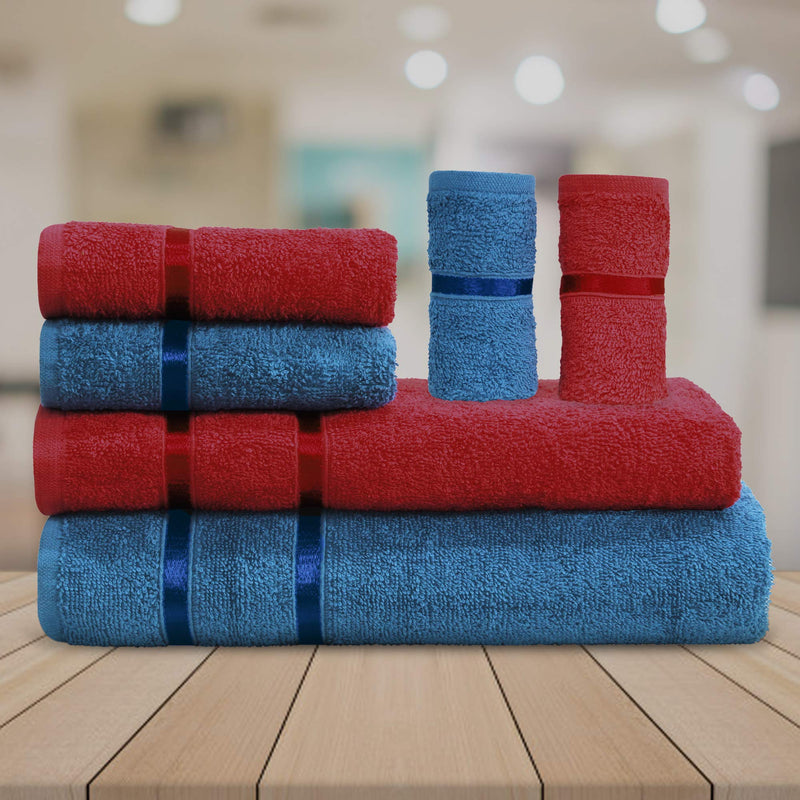 Story@Home 6 Piece Combo 450 GSM Cotton Ultra Soft, Super Absorbent, Antibacterial Treatment,Towel Set - Iris Blue and Scarlet Red