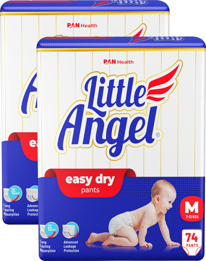 Little Angel Easy Dry Diaper Pants with 12 hrs Absorption Medium (M) Size 74 Count,Pack of 2, 7-12 Kgs - M (148 Pieces), unisex