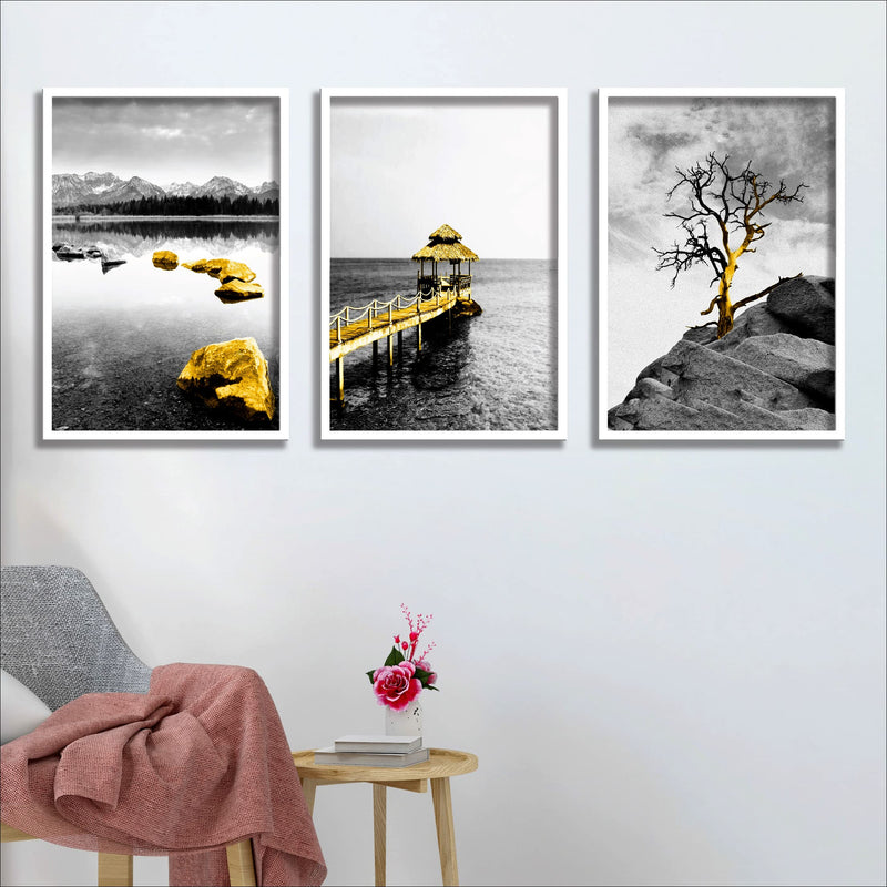 SAF paintings Set of 3 Water Bridge Modern Art Premium White Frame Painting For Wall Decoration, Bedroom, Paintings For living Room 31.5 inch x 13.5 inch,WHITEMX33585