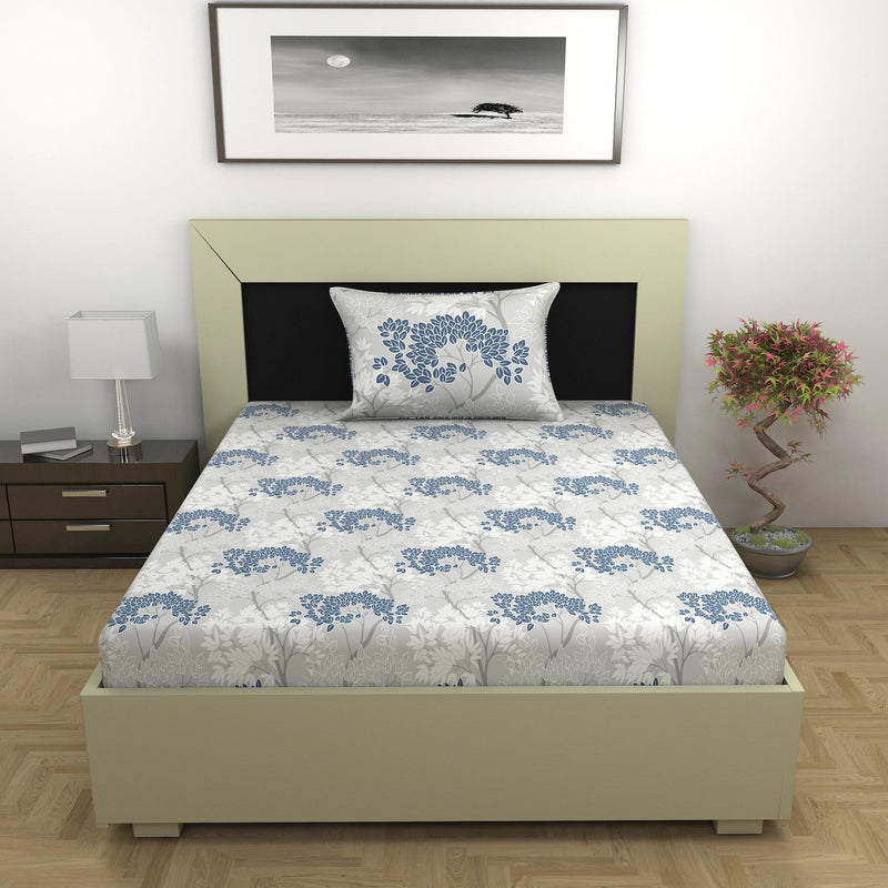 Divine Casa Steel Blue Floral Print 144 TC Pure Cotton Single Size Bed Sheet with 1 Pillow Covers, -145 x 223