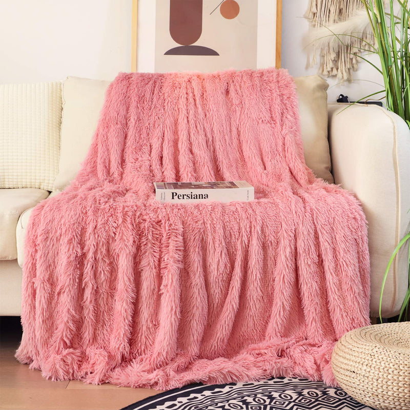 Decorative Extra Soft Faux Fur Blanket Queen Size 78" x 90",Solid Reversible Fuzzy Lightweight Long Hair Shaggy Blanket,Fluffy Cozy Plush Fleece Microfiber Fur Blanket for Couch Sofa Bed,Pink