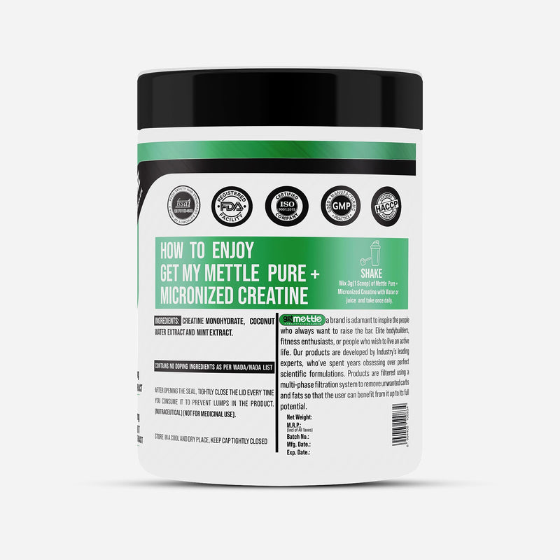 Mettle Pure+Micronized Creatine with Mint & Coconut Water Extract, 2 Times More Hydration | 50mg Mint Extract | 100mg Coconut Water Extract, (250g)