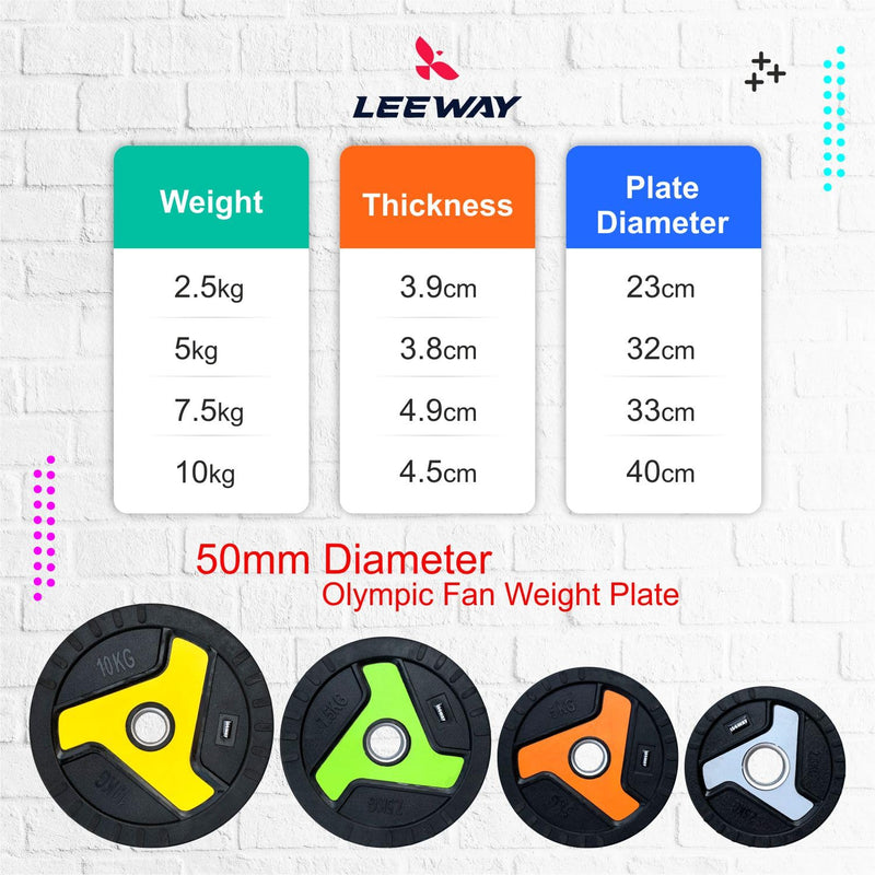 LEEWAY Fan design Rubber Weight Plates with 50 mm Dia(100kg Set)| Olympic Rubber Weight Plates| Rubber Weight| Spare Gym Weight| Barbell Weight Plate (Fan Plate 100 kg Set (2.5X4+5X4+7.5X4+10X4))