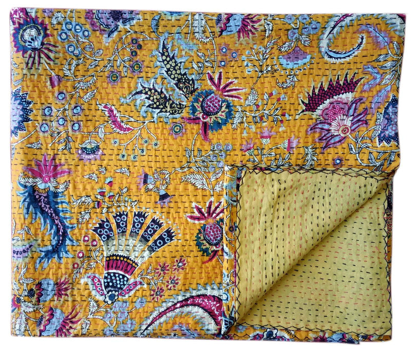 Kirti Textile and Handicraft Jaipuri Kantha Quilt Bird Print Handmade Cotton Bedsheet/Blanket Throw, Multicolour