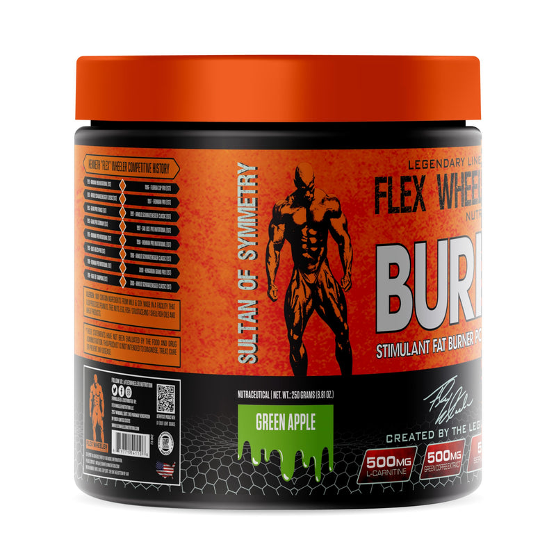 Flex Wheeler Nutrition Burn Fat Burner - 50 Servings (250g) | Thermogenic Weight Management Formula | Green Apple Flavor