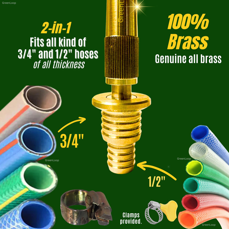 GreenLoop Solid BRASS Water Spray 2-in-1 Nozzle, DUAL PURPOSE, Fits all 3/4" and 1/2" hoses of all thickness, Adjustable Water Jet Spray Gun, High Pressure washing, 2-in-1 Nozzle+Clamps