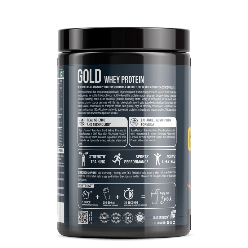 Sparkfusion Premium Gold Whey Protein Isolate | 26g Protein,6g BCAA per Serving | Easy Mixing, Low Carbs, Easy Digesting | For Muscle Building & Recovery (Rich Chocolate, 500 g (Pack of 1))