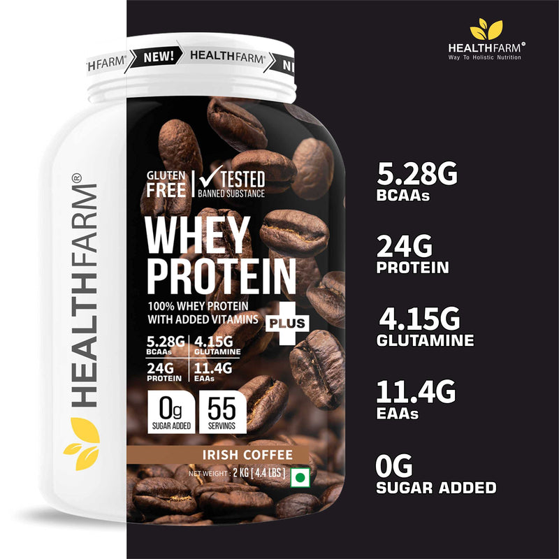 HEALTHFARM Whey Protein Plus With Added Vitamins|58 SERVINGS|24f Protein Per Serving |Build Lean and Bigger Muscles (IRISH COFFEE, 2KG-4.4 lbs)