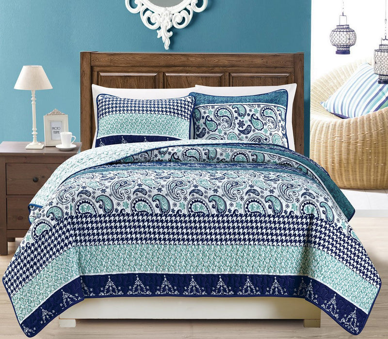 3-Piece Fine printed Oversize (100 X 95) Quilt Set Reversible Bedspread Coverlet FULL / QUEEN SIZE Bed Cover (Navy Blue Paisley) by Grand Linen