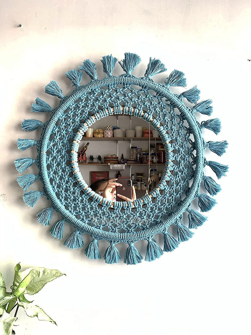 Waterlily House - Handmade Macrame Hanging Wall Mirror with Macrame Fringe Round Mirror.