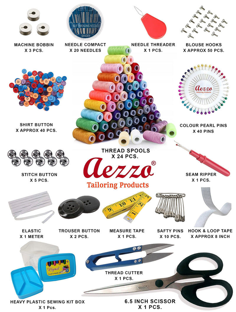 Aezzo Double Layer Tailoring Travel Sewing Sets Kit Box with 24 Thread Spool, Needles, Measure Tape, Bobbins, Shirt and Pant Buttons, Seam Ripper, Scissor, Pearl Pin etc. with Sewing Kit Box.