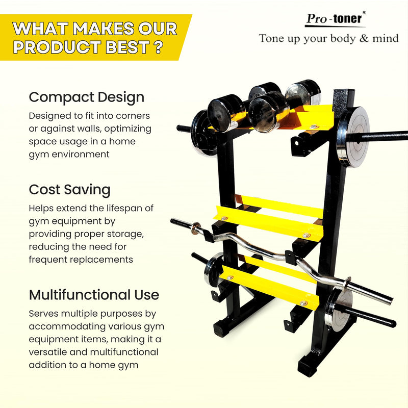 Protoner 3 in 1 Dumbbell Rack, Plate Stand and bar Holder (Black and Yellow)