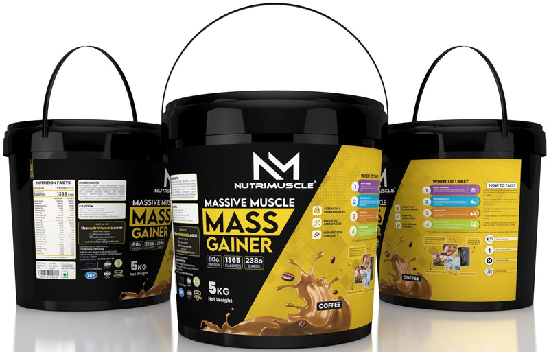 Nutrimuscle Massive Muscle Mass Gainer- 5 kg - COFFEE Flavour for Mass, Muscle, Power & Strength Gain - Contains Complex Carbohydrates, Whey Protein, BCAA , Digestive Enzymes & Essential Vitamins & Minerals - Also Contains Nutrimuscle CREATINE MONOHYDRATE